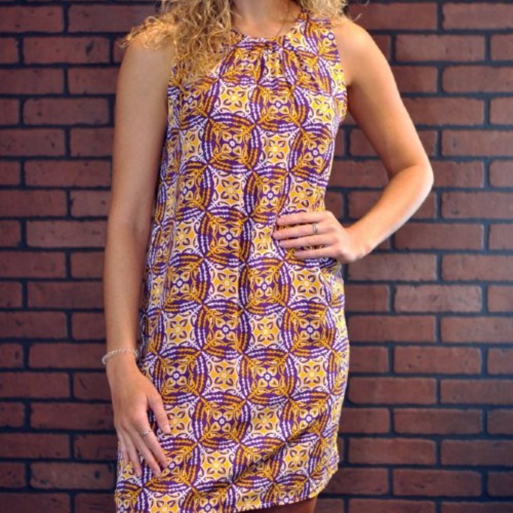 Sarah V-Back Shift Dress - Purple/Gold